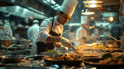 Canvas Print - Chef in a hotel kitchen supervising the preparation of international cuisine for guests, showcasing culinary expertise.