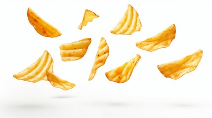 Poster - Multiple crispy potato wedges suspended in mid-air against a white background.