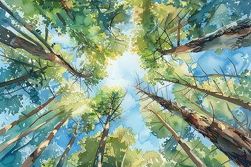 Watercolor painting pastel color steps of thick trees as seen from below.