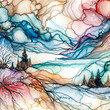 Watercolor, ink splatter style illustration of an abstract landscape with a river and trees.
