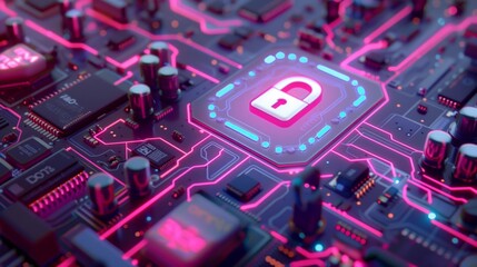 Canvas Print - Vivid neon-lit image of a motherboard featuring an illuminated lock symbol on a chip, symbolizing cybersecurity.