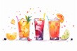 party invitation, drinks, fruits on white background