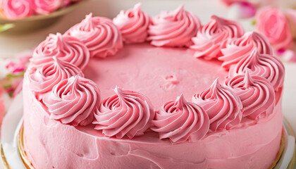 Close-up of delicious cake with pink buttercream, whipped cream frosting. Tasty dessert. Sweet food