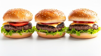 Canvas Print - Three delicious cheeseburgers with lettuce, tomato, cheese, and beef patties on a white background.