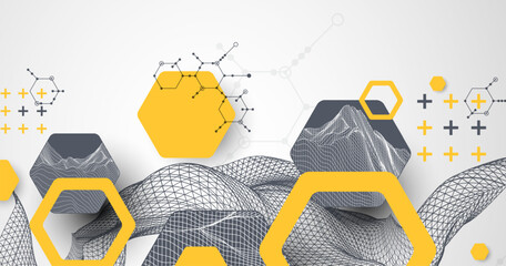 Aufkleber - Scientific and technological background. Wireframe wave with hexagons of different types on a gray gradient.