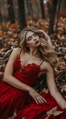 Wall Mural - woman in red dress laying down alone in forest in autumn