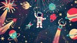 Festive Space with Astronauts and Aliens Enjoying Cosmic Fireworks