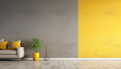 Wall Mural - Modern living room interior with yellow wall and gray sofa