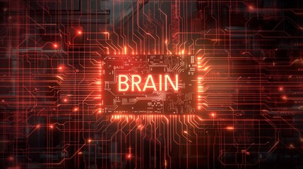 Canvas Print - A vibrant red digital illustration of a circuit board with the word 'BRAIN' highlighted in the center.