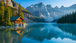 A small cozy wooden cabin is nestled in amidst towering mountains, sitting by a crystal-clear lake. The rugged peaks, dusted with snow, form a breathtaking backdrop against the clear blue sky