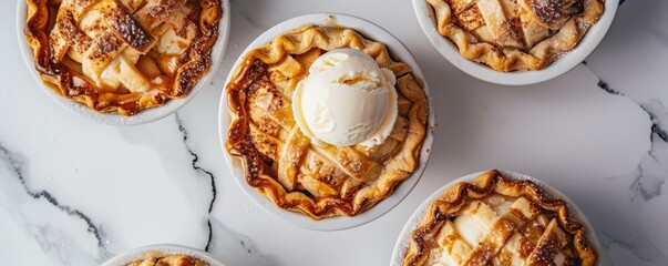 Top view of mini apple pies with ice cream on white marble counter.