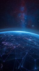 Poster - Earth in Space. Blue Lines connect Dusseldorf, Germany with Cities across the World. Global Travel or Business Concept