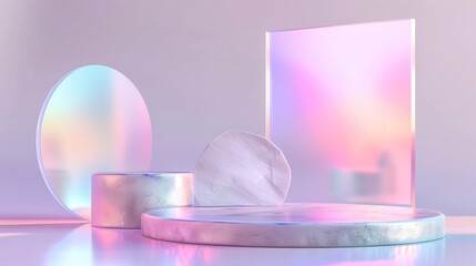 Poster - Abstract composition with geometric shapes in a pastel-colored holographic environment.