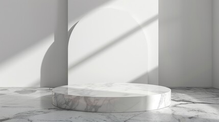 Canvas Print - Minimalistic composition of a marble cylindrical podium in a white room with shadows cast by light.