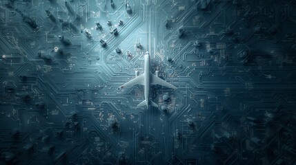 Wall Mural - A stylized airplane integrated into a blue circuit board design, symbolizing technology and aviation.