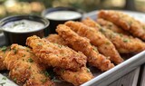 Fototapeta Kuchnia - Chicken tenders and a side of ranch dipping sauce served on a metal tray atop a picnic table