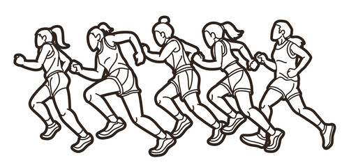 Wall Mural - Group of Women Start Running Runner Action Jogging Together Cartoon Sport Graphic Vector