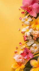 Wall Mural - web banner design for spring and summer season festival concept from minimal flat lay tropical flower with orchid ,rose decorate on pastel yellow background for songkran ceremony of thailand