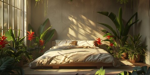 Sticker - Conceptual design of a cozy bed with tropical flower decor. Creative bedroom interior design concept.