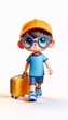 Cute cartoon boy traveler wearing a bright orange cap and large blue glasses is ready for an adventure, confidently stepping forward with orange suitcase