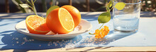 A Clementine Slice Placed On A Refreshing Plate, With A Few Clementine Seeds Nearby, And A Sprinkle Of Sugar On Top, On A Sunny Outdoor Table.