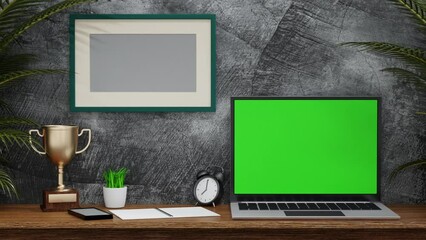 Wall Mural - laptop flipping show green screen display on wood working table, application website presentation, 3