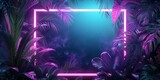 Fototapeta Kuchnia - Tropical Plants Illuminated with Green and Purple Fluorescent Light. Exotic Environment with Square shaped Neon Frame.
