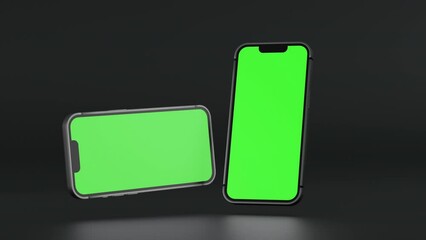 Wall Mural - mobile phone vertical and horizontal move and spin show empty green screen on green background, appl