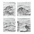 Sketch waves drawings on old vintage paper, scribble doodle hand drawn pencil sketch sea storm ocean wave splash engraving artwork set vector illustration
