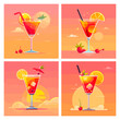 Sunrise sunset cocktails concept, summer beach alcohol cocktail party freshness margarita or martini with lemon strawberry cherry, tropical soda drinks set vector illustration