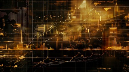 Wall Mural - A dynamic composition of financial stock market figures and data overlaying on a cityscape backdrop in gold and black tones.