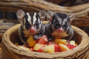 Wall Mural - A pair of energetic sugar gliders sampling a mix of insect-based pellets and fresh fruits.