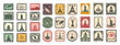 Vintage stamps grunge icons, travel postage stamp with sights of countries for mail postcard departure stickers, antique mark journey attractions in frames set vector illustration