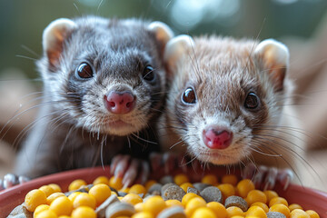 Wall Mural - A pair of playful ferrets nibbling on a variety of nutritious ferret pellets.