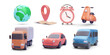 Planet, map, watch, scooter, truck, car, van in realistic style isolated on white background. Vector illustration