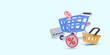 Shopping concept in realistic style with cart, credit card, basket, discount. Vector illustration