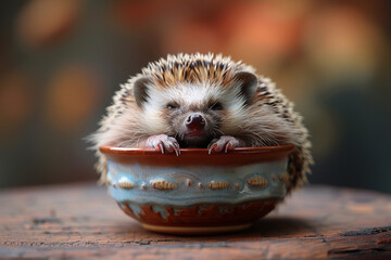 Wall Mural - A contented hedgehog curling up for a nap after enjoying a bowl of insect-based hedgehog food.