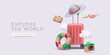 Travel concept poster in realistic style with clouds, suitcase, hat, camera, airplane, lifebuoy. Vector illustration