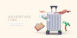 Adventure concept poster in realistic style with suitcase, palm tree, hat, airplane. Vector illustration