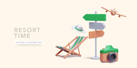 Wall Mural - Resort concept poster in realistic style with chair, hat, camera, airplane, pointer. Vector illustration