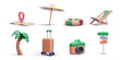 Set of decorative resort elements in realistic style. Suitcase, map, umbrella, lifebuoy, road sign, palm, camera, chair isolated on white background. Vector illustration