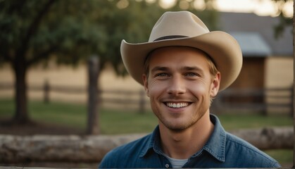 Wall Mural - blonde guy smiling looking at camera portrait with outdoor ranch farm background from Generative AI