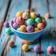colorfull ice cream balls in a wooden bowl in a wood and blue bacground