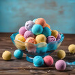 colorfull ice cream balls in a wooden bowl in a wood and blue bacground