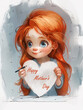 An adorable red-haired child with big blue eyes holds a heart-shaped 