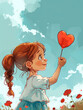 A cheerful little girl with a braid, holding up a heart-shaped balloon, stands in a field of flowers under a sunny sky