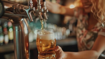 Poster - Close-up of a beer tap pouring a frothy beer into a glass held by a smiling blonde woman in a bar.