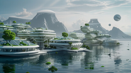 Sticker - a network of interconnected floating cities powered by renewable energy and sustained by vertical farming, showcasing a futuristic vision of sustainable living.