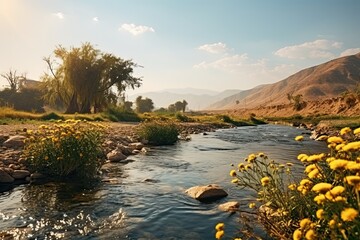 Canvas Print - Landscape of Iraq. Beautiful landscape with a river flowing through it. The sky is clear and sunny, mountains in the background. Yellow flowers along the riverbank.