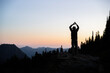 Man standing on rocks with arms raised. Paradise at sunset. Mount Rainier National Park. Washington State. USA.